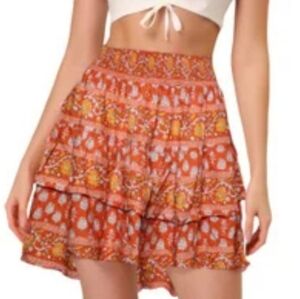 Nicole Miller Orange Tiered Floral Smocked Waist Skirt VGUC Size L